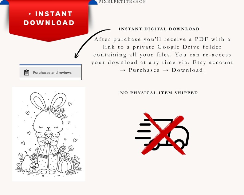 May include: A digital coloring page featuring a line art illustration of a rabbit wearing a scarf and holding a small teddy bear, surrounded by flowers, a pear, and a pumpkin. The text reads INSTANT DOWNLOAD and NO PHYSICAL ITEM SHIPPED.
