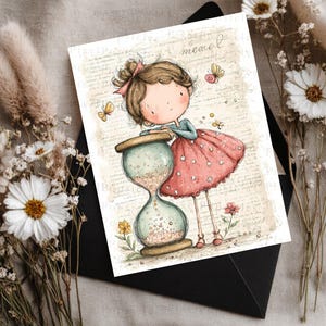 May include: A rectangular greeting card featuring a whimsical illustration of a girl with brown hair in a bun, wearing a pink polka-dot skirt, leaning on a large hourglass filled with sand. The background has faint cursive script and small butterflies.