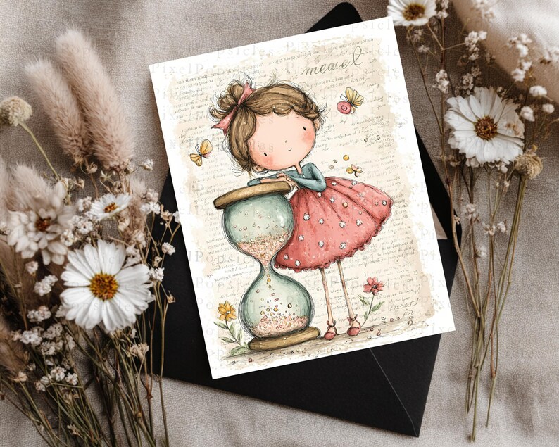 May include: A rectangular greeting card featuring a whimsical illustration of a girl with brown hair in a bun, wearing a pink polka-dot skirt, leaning on a large hourglass filled with sand. The background has faint cursive script and small butterflies.