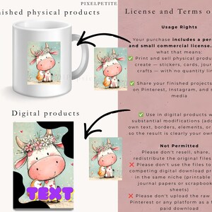 May include: A white ceramic mug and a digital file display a cartoon cow wearing a flower crown with a small bird. The image includes text detailing license and terms of use, specifying usage rights for physical and digital products.