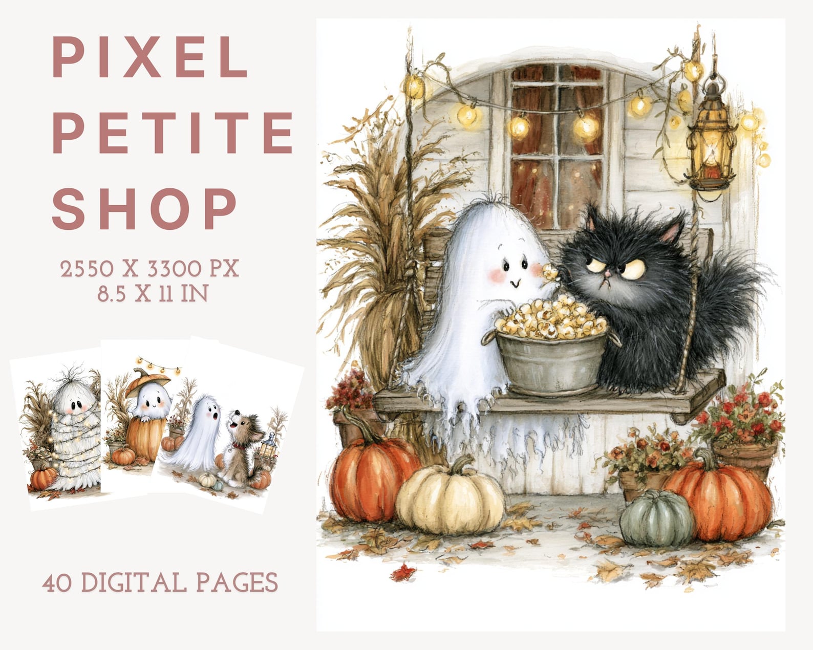 spooky cute halloween ghost and black cat