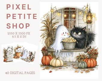 May include: A digital illustration set titled PIXEL PETITE SHOP featuring 40 pages of 8.5 x 11 inch artwork. The main image shows a white ghost and a fluffy black cat sitting on a porch swing with pumpkins, a lantern, and a bowl of popcorn.