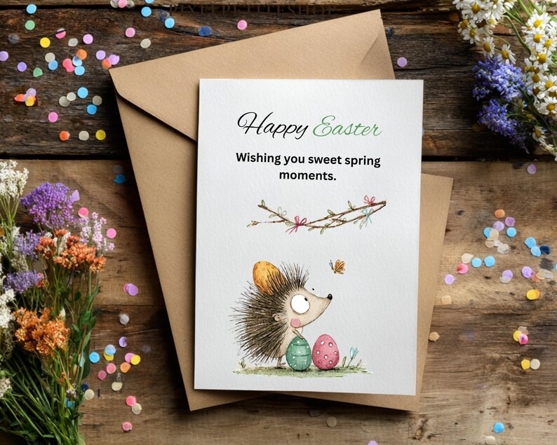 Pode incluir: Um cart&atilde;o de felicita&ccedil;&otilde;es de P&aacute;scoa com o texto "Happy Easter" e "Wishing you sweet spring moments." O cart&atilde;o apresenta uma ilustra&ccedil;&atilde;o de um ouri&ccedil;o com ovos de P&aacute;scoa e uma borboleta. Est&aacute; dentro de um envelope castanho, com confetes e flores espalhados.
