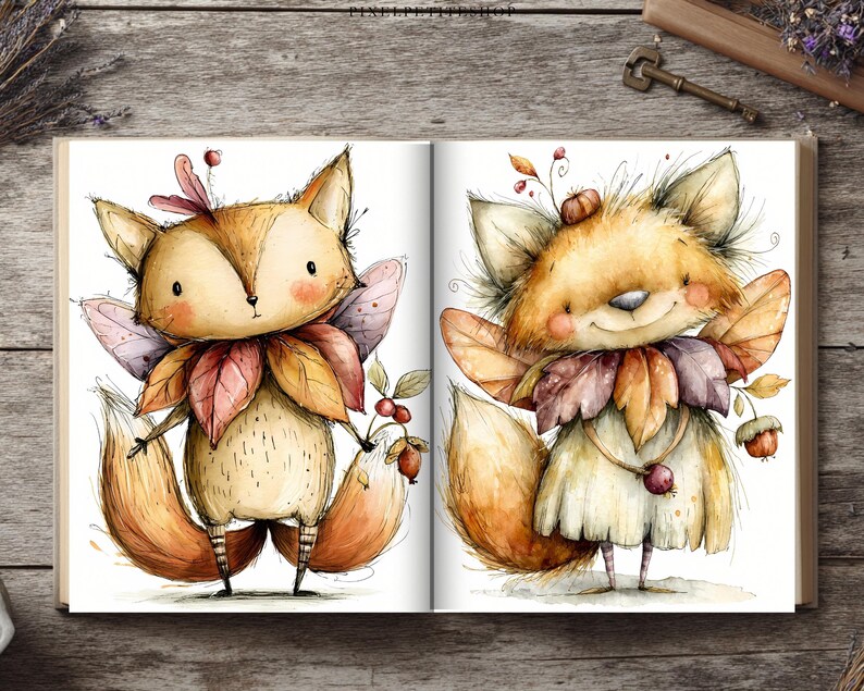 May include: An open book displaying two watercolor illustrations of anthropomorphic foxes with fairy wings. The foxes are adorned with autumn leaves, berries, and small acorns. Each fox has a fluffy tail, rosy cheeks, and striped leg details.