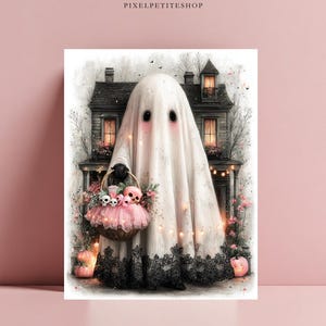 May include: A digital art print featuring a ghost draped in a white sheet with pink cheeks, holding a basket filled with pink skulls and tulle. The ghost stands before a dark, detailed house with glowing windows, surrounded by pink pumpkins.