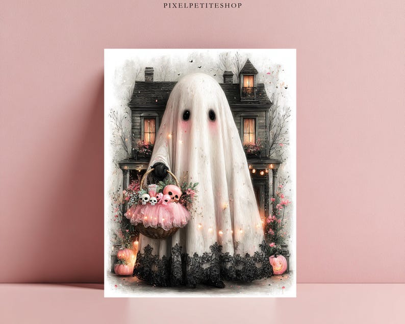 May include: A digital art print featuring a ghost draped in a white sheet with pink cheeks, holding a basket filled with pink skulls and tulle. The ghost stands before a dark, detailed house with glowing windows, surrounded by pink pumpkins.
