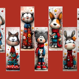 May include: A collection of whimsical illustrations depicting anthropomorphic animals. The characters, including a dog, cat, rabbit, donkey, and reindeer, are dressed in festive clothing such as scarves and sweaters. The artwork is in a cartoon style with bright colours and decorative details.