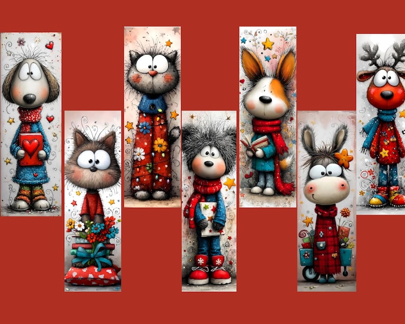 May include: A collection of whimsical illustrations depicting anthropomorphic animals. The characters, including a dog, cat, rabbit, donkey, and reindeer, are dressed in festive clothing such as scarves and sweaters. The artwork is in a cartoon style with bright colours and decorative details.