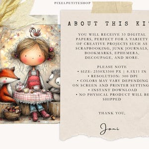 Puede incluir: Ilustraci&oacute;n digital de una ni&ntilde;a, un zorro y un erizo tomando t&eacute;. La imagen incluye el texto "ABOUT THIS KIT" y detalles sobre los papeles digitales. El tama&ntilde;o es de 2550x3300 px.