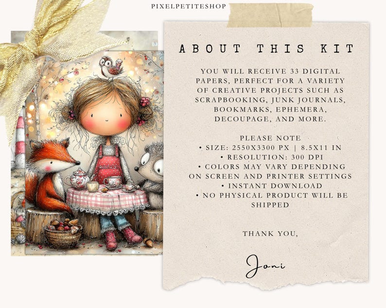 Puede incluir: Ilustraci&oacute;n digital de una ni&ntilde;a, un zorro y un erizo tomando t&eacute;. La imagen incluye el texto "ABOUT THIS KIT" y detalles sobre los papeles digitales. El tama&ntilde;o es de 2550x3300 px.