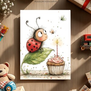 May include: A whimsical birthday card featuring a cartoon ladybug with red spots, perched on a green leaf. A cupcake with a lit candle is in front of the ladybug. Two butterflies are flying around the ladybug. The card is on a wooden surface.