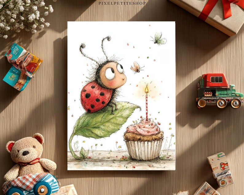 May include: A whimsical birthday card featuring a cartoon ladybug with red spots, perched on a green leaf. A cupcake with a lit candle is in front of the ladybug. Two butterflies are flying around the ladybug. The card is on a wooden surface.
