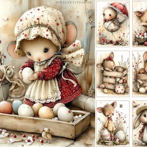 May include: A digital illustration featuring a mouse dressed in a red dress and bonnet, holding an egg. A wooden crate filled with decorated eggs sits in front. Additional illustrations of animals with Easter eggs are also shown.