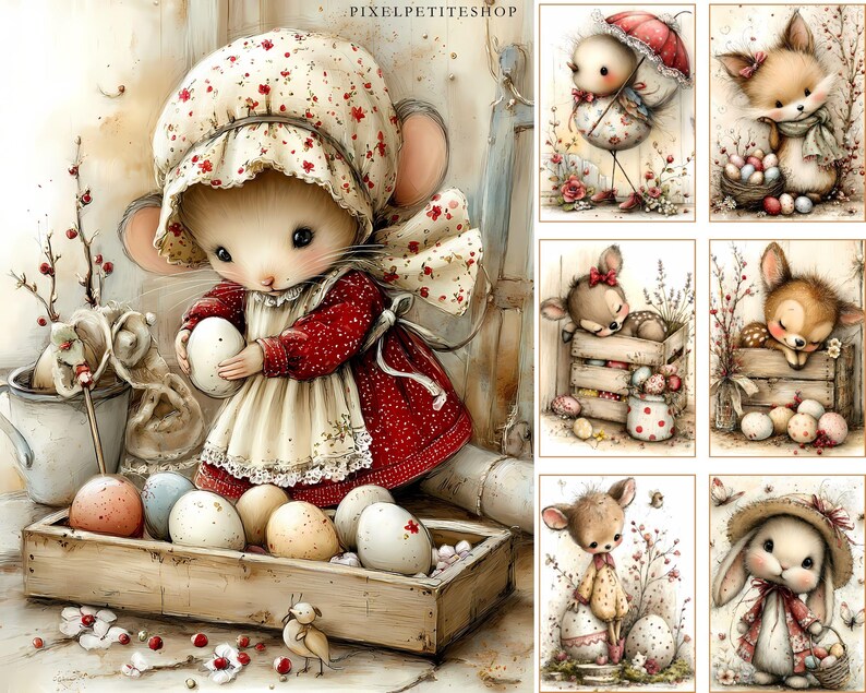 May include: A digital illustration featuring a mouse dressed in a red dress and bonnet, holding an egg. A wooden crate filled with decorated eggs sits in front. Additional illustrations of animals with Easter eggs are also shown.