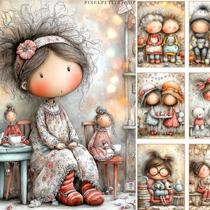 Puede incluir: Ilustraci&oacute;n caprichosa con una figura grande, similar a una mu&ntilde;eca, con mejillas rosadas, vestida con un vestido floral y calcetines a rayas, sentada cerca de una mesa de t&eacute;. Hay figuras de mu&ntilde;ecas adicionales y tazas de t&eacute;.