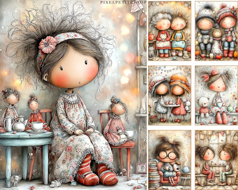 Puede incluir: Ilustraci&oacute;n caprichosa con una figura grande, similar a una mu&ntilde;eca, con mejillas rosadas, vestida con un vestido floral y calcetines a rayas, sentada cerca de una mesa de t&eacute;. Hay figuras de mu&ntilde;ecas adicionales y tazas de t&eacute;.