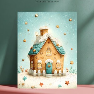 May include: A digital illustration of a gingerbread house with a teal roof covered in white icing snow, featuring a central blue door, multiple windows, and a chimney. The scene is set against a light blue background with scattered gold stars.