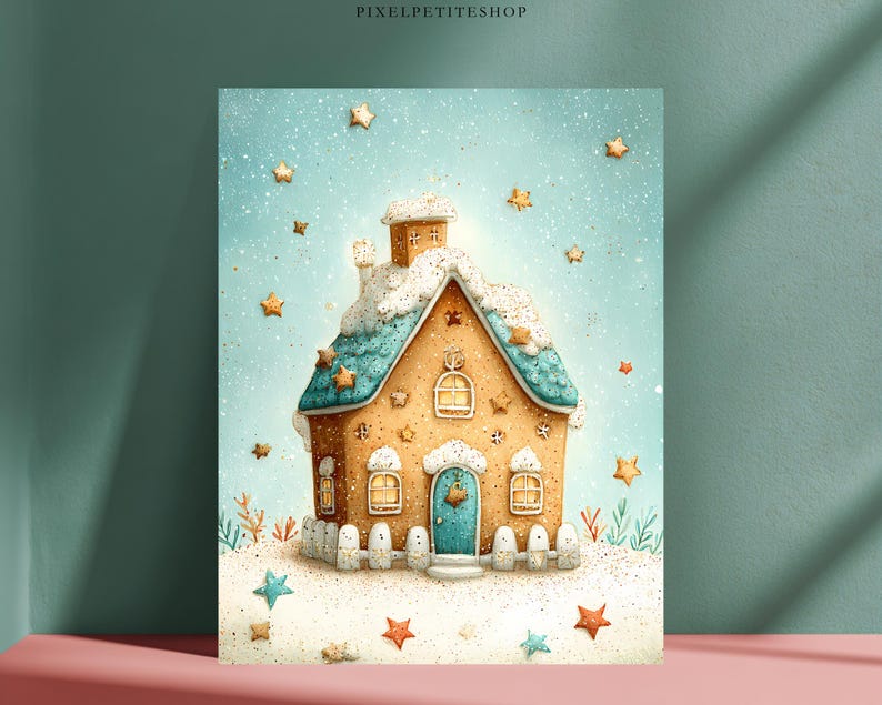 May include: A digital illustration of a gingerbread house with a teal roof covered in white icing snow, featuring a central blue door, multiple windows, and a chimney. The scene is set against a light blue background with scattered gold stars.