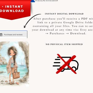 Puede incluir: Gr&aacute;fico de descarga digital con el texto "INSTANT DOWNLOAD" en una pancarta roja. La imagen incluye una ilustraci&oacute;n en acuarela de una ni&ntilde;a en una playa, un bot&oacute;n de "Compras y rese&ntilde;as" y un icono de cami&oacute;n de reparto tachado.