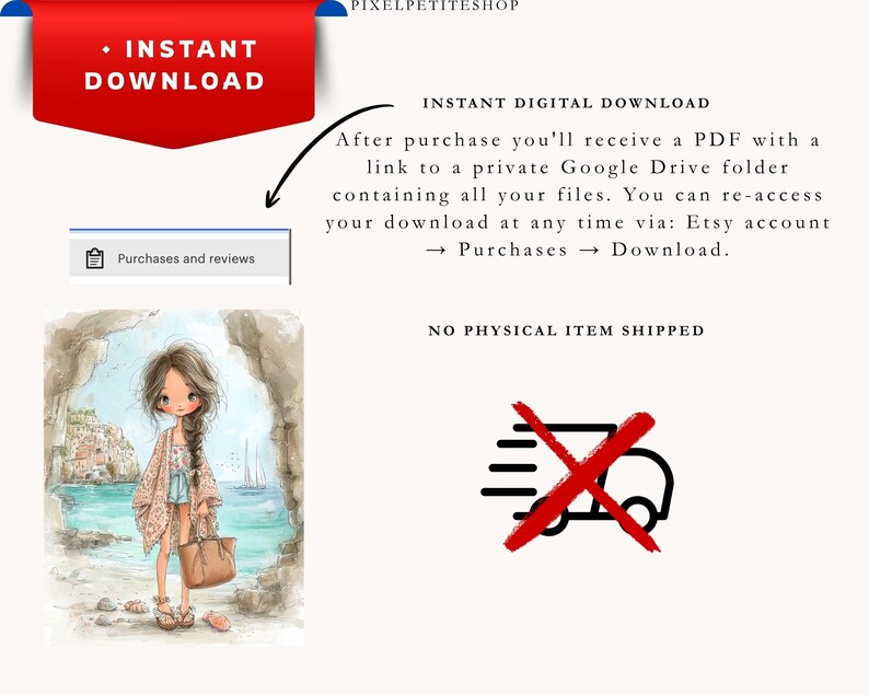 Puede incluir: Gr&aacute;fico de descarga digital con el texto "INSTANT DOWNLOAD" en una pancarta roja. La imagen incluye una ilustraci&oacute;n en acuarela de una ni&ntilde;a en una playa, un bot&oacute;n de "Compras y rese&ntilde;as" y un icono de cami&oacute;n de reparto tachado.