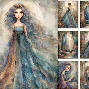 May include: A collection of seven digital illustrations featuring a figure with long flowing hair wearing a layered gown in shades of blue, teal, and gold. The artwork depicts various scenes including a moonlit backdrop, a fountain, and reading.