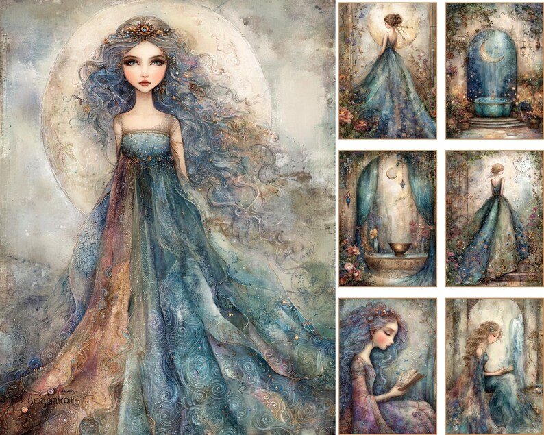 May include: A collection of seven digital illustrations featuring a figure with long flowing hair wearing a layered gown in shades of blue, teal, and gold. The artwork depicts various scenes including a moonlit backdrop, a fountain, and reading.