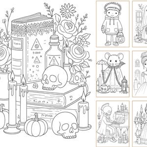 May include: A black and white coloring page featuring a large central illustration of stacked books, skulls, candles, pumpkins, and roses, alongside six smaller rectangular panels depicting various characters including a ghost, mouse, and figures in gowns.