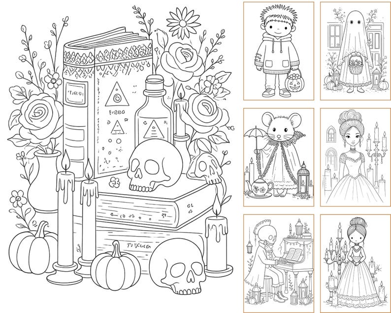 May include: A black and white coloring page featuring a large central illustration of stacked books, skulls, candles, pumpkins, and roses, alongside six smaller rectangular panels depicting various characters including a ghost, mouse, and figures in gowns.