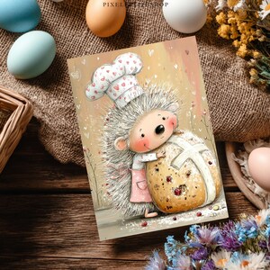 May include: A greeting card featuring a cartoon hedgehog wearing a chef's hat and apron, hugging a hot cross bun. The card has a soft, pastel color palette with Easter eggs and flowers in the background.