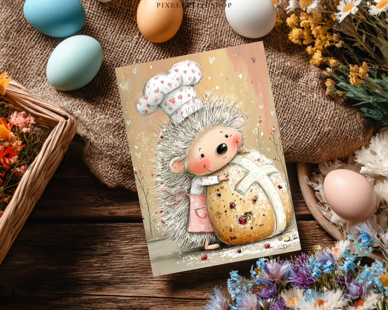 May include: A greeting card featuring a cartoon hedgehog wearing a chef's hat and apron, hugging a hot cross bun. The card has a soft, pastel color palette with Easter eggs and flowers in the background.