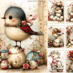 May include: A whimsical illustration features a charming bird with a blue head, red wing accents, and a floral collar, perched atop a decorated egg. Surrounding the bird are other Easter-themed illustrations of animals and eggs, all adorned with flowers and ribbons.