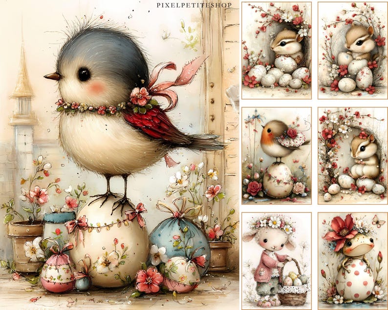 May include: A whimsical illustration features a charming bird with a blue head, red wing accents, and a floral collar, perched atop a decorated egg. Surrounding the bird are other Easter-themed illustrations of animals and eggs, all adorned with flowers and ribbons.