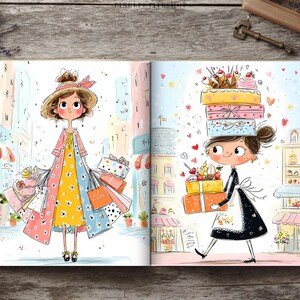 May include: An open book displaying two colorful illustrations of cartoon characters. The left page shows a character in a yellow floral dress and straw hat holding shopping bags. The right page shows a character in a black dress carrying stacked gift boxes.