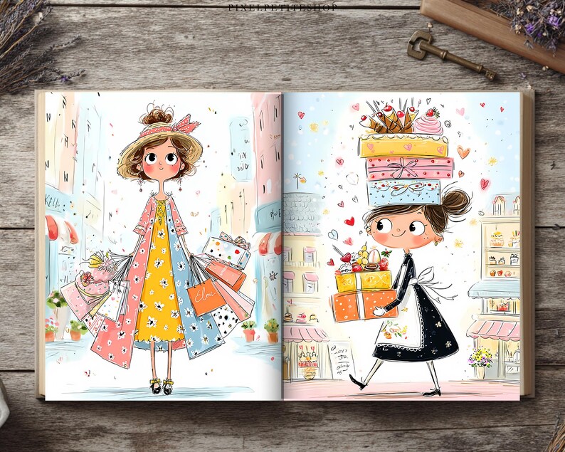 May include: An open book displaying two colorful illustrations of cartoon characters. The left page shows a character in a yellow floral dress and straw hat holding shopping bags. The right page shows a character in a black dress carrying stacked gift boxes.