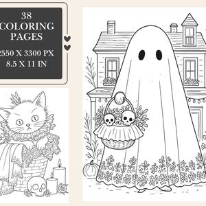 May include: A digital coloring book set featuring 38 coloring pages, 2550 x 3300 px, 8.5 x 11 in. The illustrations include a ghost in a sheet holding a basket of skulls in front of a house, and a kitten in a basket with skulls and candles.