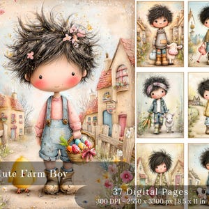 May include: A digital art print featuring a cute farm boy with a basket of Easter eggs, standing in front of a quaint village scene. The boy wears overalls and a pink shirt. The image includes the text "Cute Farm Boy" and "37 Digital Pages".