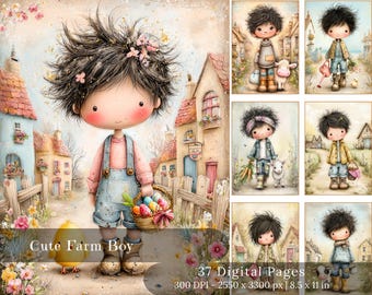 May include: A digital art print featuring a cute farm boy with a basket of Easter eggs, standing in front of a quaint village scene. The boy wears overalls and a pink shirt. The image includes the text "Cute Farm Boy" and "37 Digital Pages".