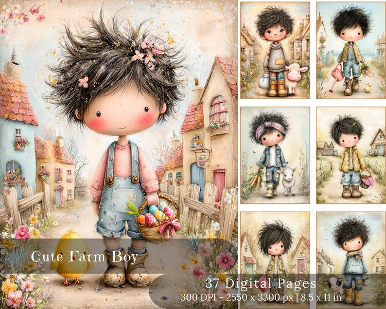 May include: A digital art print featuring a cute farm boy with a basket of Easter eggs, standing in front of a quaint village scene. The boy wears overalls and a pink shirt. The image includes the text "Cute Farm Boy" and "37 Digital Pages".