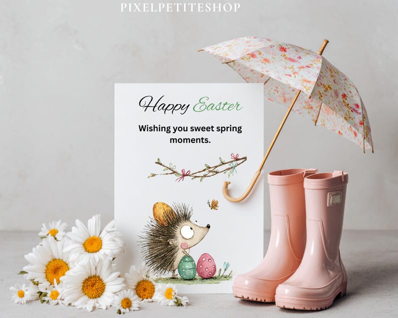 Pode incluir: Um cart&atilde;o de P&aacute;scoa com uma ilustra&ccedil;&atilde;o de ouri&ccedil;o, margaridas, botas de chuva rosa e um guarda-chuva floral. O cart&atilde;o diz "Feliz P&aacute;scoa" e "Wishing you sweet spring moments."