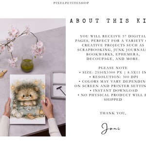 May include: A digital kit featuring 57 pages with a hedgehog illustration. Text includes: PIXELPETITESHOP, ABOUT THIS KIT, YOU WILL RECEIVE 57 DIGITAL PAGES, SIZE: 2550X3300 PX | 8.5X11 IN, RESOLUTION: 300 DPI, COLORS MAY VARY, INSTANT DOWNLOAD, THANK YOU, Joni.