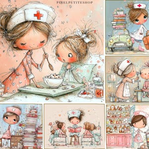 May include: A collection of watercolor illustrations featuring cartoon nurses in various scenes. The images depict nurses caring for patients, preparing food, and carrying medical supplies. The color palette includes soft pinks, blues, and greens.
