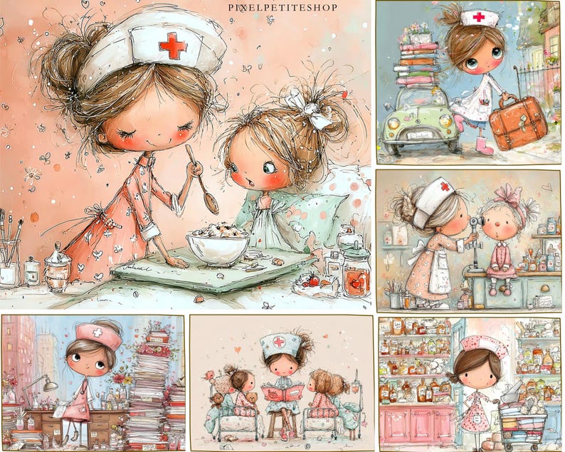 May include: A collection of watercolor illustrations featuring cartoon nurses in various scenes. The images depict nurses caring for patients, preparing food, and carrying medical supplies. The color palette includes soft pinks, blues, and greens.