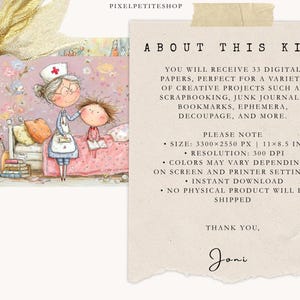 May include: Digital art kit with a watercolor illustration of a nurse and a child in bed. The kit includes 33 digital papers for scrapbooking and other creative projects. The image also includes the text "ABOUT THIS KIT". The size is 11 x 8.5 inches.