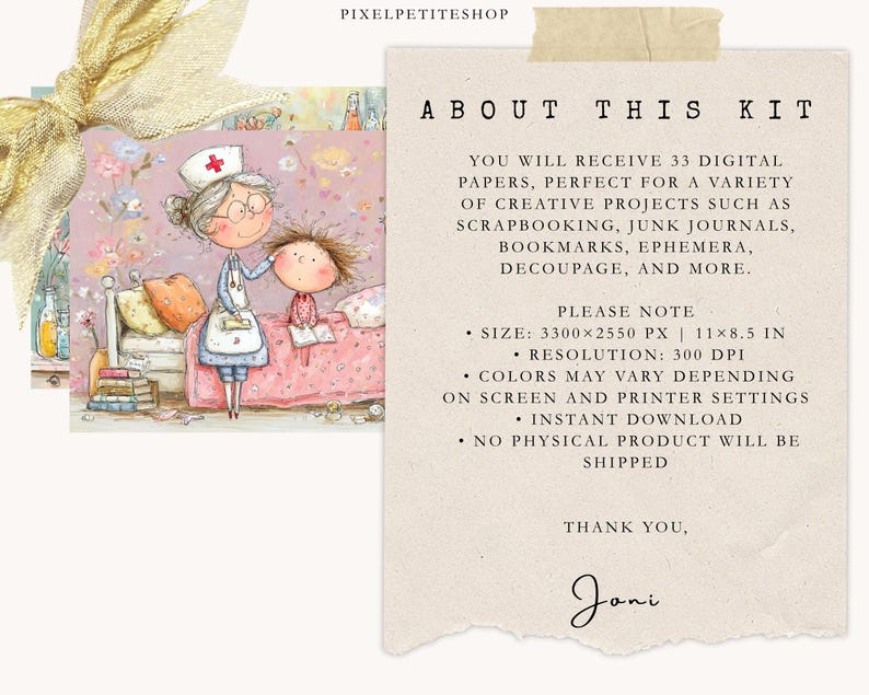 May include: Digital art kit with a watercolor illustration of a nurse and a child in bed. The kit includes 33 digital papers for scrapbooking and other creative projects. The image also includes the text "ABOUT THIS KIT". The size is 11 x 8.5 inches.