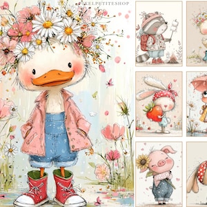 Peut inclure: Illustration &agrave; l'aquarelle d'un canard portant une couronne de fleurs, une veste rose, une salopette bleue et des bottes rouges. L'image comprend d'autres illustrations d'animaux, comme un raton laveur, un lapin et un cochon, le tout dans un style fantaisiste.