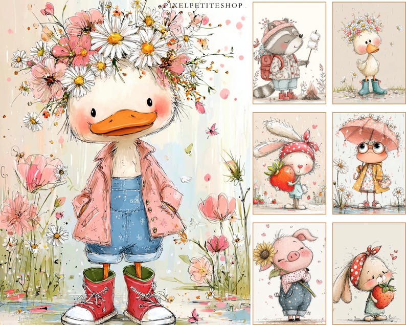 Peut inclure: Illustration &agrave; l'aquarelle d'un canard portant une couronne de fleurs, une veste rose, une salopette bleue et des bottes rouges. L'image comprend d'autres illustrations d'animaux, comme un raton laveur, un lapin et un cochon, le tout dans un style fantaisiste.