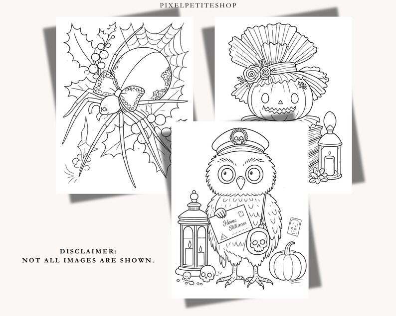 May include: Three black and white coloring pages featuring seasonal illustrations. One shows a spider with a bow in a web with holly, another a jack-o'-lantern with a ruffled collar, and the third an owl with a letter, lantern, and pumpkin.