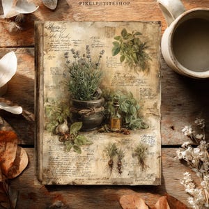 May include: A vintage-style open book with botanical illustrations and handwritten notes. It features lavender in a dark pot, a small glass bottle, and various herbs. A mug of coffee sits in the upper right corner, adding to the rustic aesthetic.