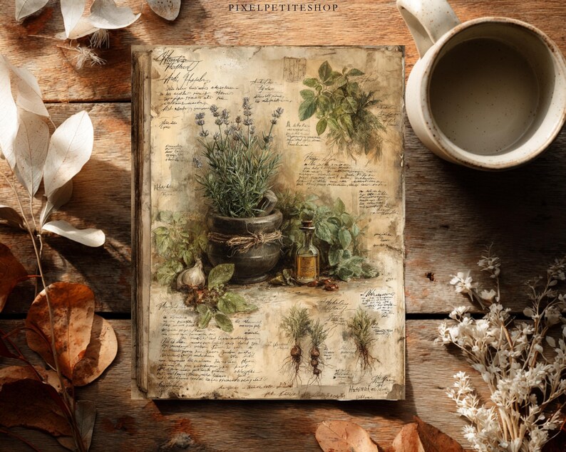 May include: A vintage-style open book with botanical illustrations and handwritten notes. It features lavender in a dark pot, a small glass bottle, and various herbs. A mug of coffee sits in the upper right corner, adding to the rustic aesthetic.