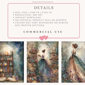 May include: A digital download set featuring three watercolor-style illustrations. The first shows a bookshelf with potions and an open book. The second depicts a person in a gown near bookshelves. The third shows a person in a floral gown.